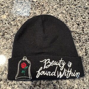 Disney Black Beanie with Embroidered Rose and Quote